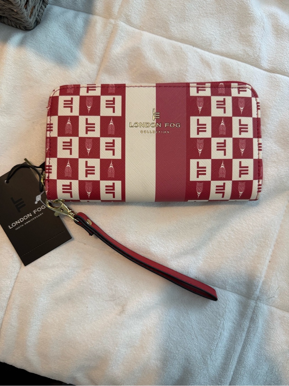 London Fog Brick & White Signature Zip-Around Wristlet
